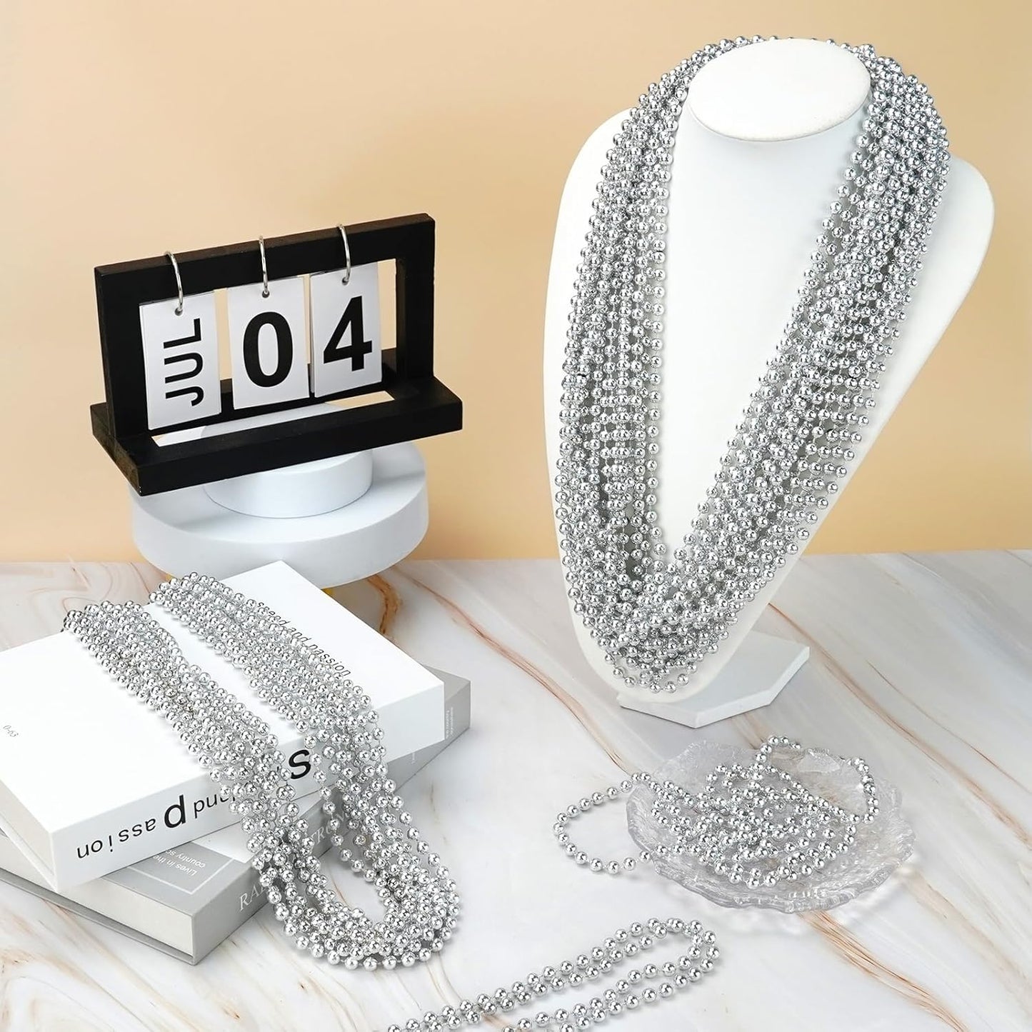 24 PCS Silver Bead Necklaces, Silver Mardi Gras Christmas Beads Necklaces, Patriotic Necklaces, 33 Inch Beaded Necklaces for Mardi Gras Christmas Party, 4th of July and New Year Eve Festive Events