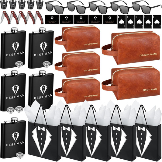 50Pcs Groomsmen Gifts Groomsmen Proposal Box with Flasks Sunglasses PU Leather Toiletry Bag Bottle Opener for Wedding Groomsman Best Man Gift (Brown)