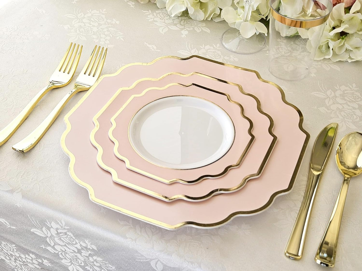 " OCCASIONS " 120 Plates Pack,(60 Guests) Heavyweight Premium Wedding Party Disposable Plastic Plates Set -60 x 10.5'' Dinner + 60 x 8'' Salad/Dessert(Imperial in Blush & Gold)