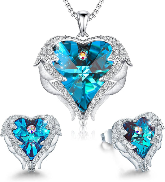 CDE Mothers Day Jewelry Set for Women, Angle Wing Heart Pendant Necklaces and Earrings with Birthstone， Birthday/Anniversary Christmas Jewelry Gift for Women Wife Her