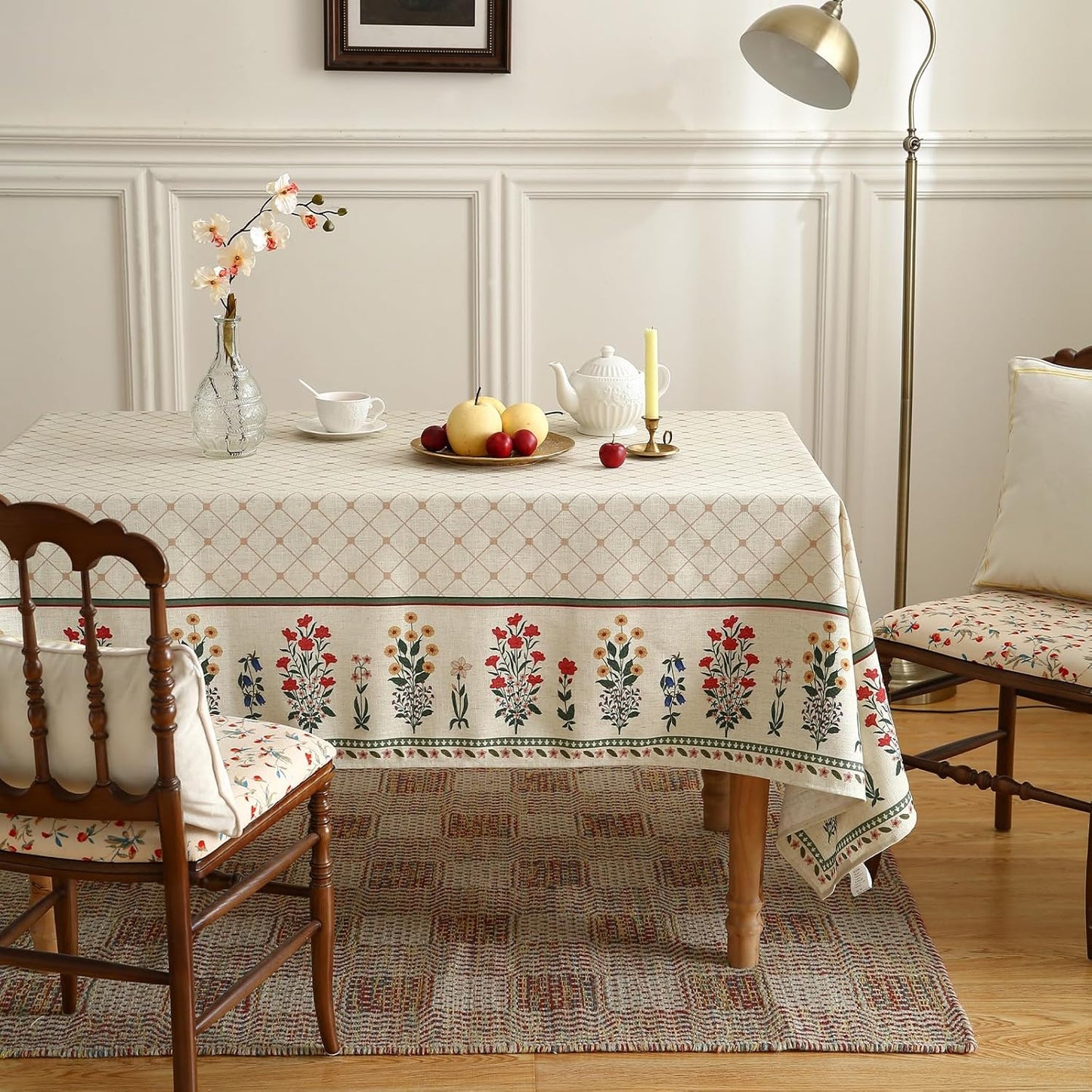 ISAENNE Designer Vintage Linen Floral Extra Long Rectangle Tablecloth,Fall Colorful Modern Table Cloth,Anti-Wrinkle Decor Tablecloths for Dining Thanksgiving Kitchen Christmas,63"*110"-Bertina E