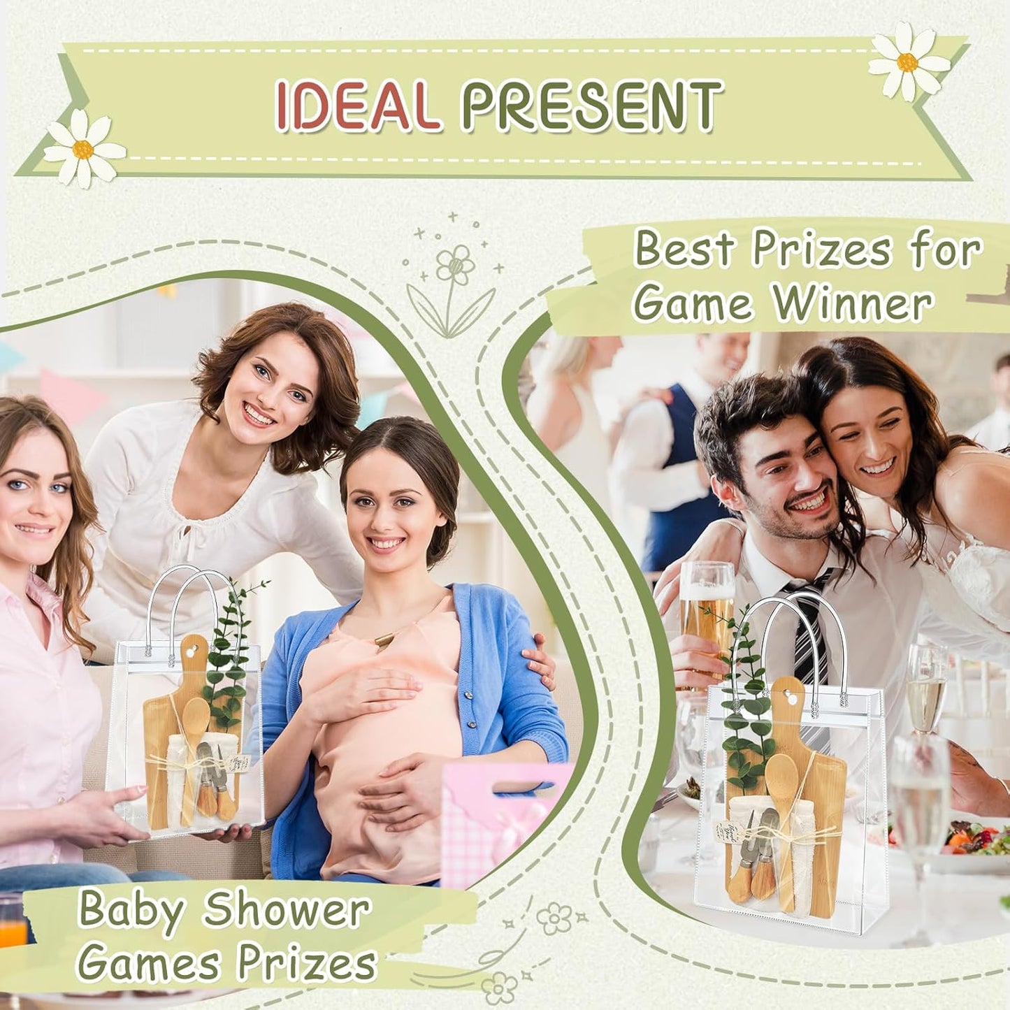 AZEAM 55Pcs Baby Shower Prizes for Game Winners, Bridal Shower Prizes with 6 Sets Square Cheese Board Spoon Fork Butter Knife Towel Card Plastic Bag Branch, Wedding Shower Favors for Guests