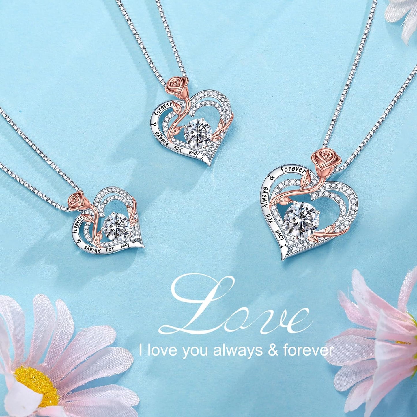 MOOSEA Rose Heart Moissanite Necklace for Women, 1-3 ct D Color VVS1 Clarity 925 Sterling Silver Moissanite Pendant Necklace Anniversary Birthday Gifts for Mom Wife Girlfriend Christmas Jewelry Gifts