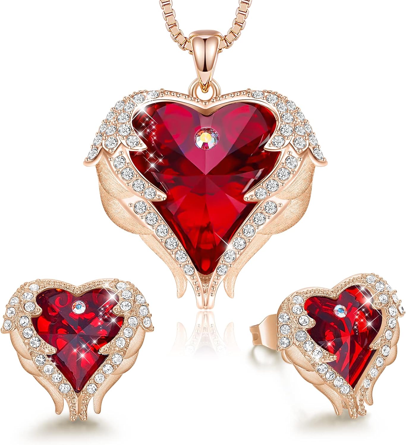 CDE Mothers Day Jewelry Set for Women, Angle Wing Heart Pendant Necklaces and Earrings with Birthstone， Birthday/Anniversary Christmas Jewelry Gift for Women Wife Her