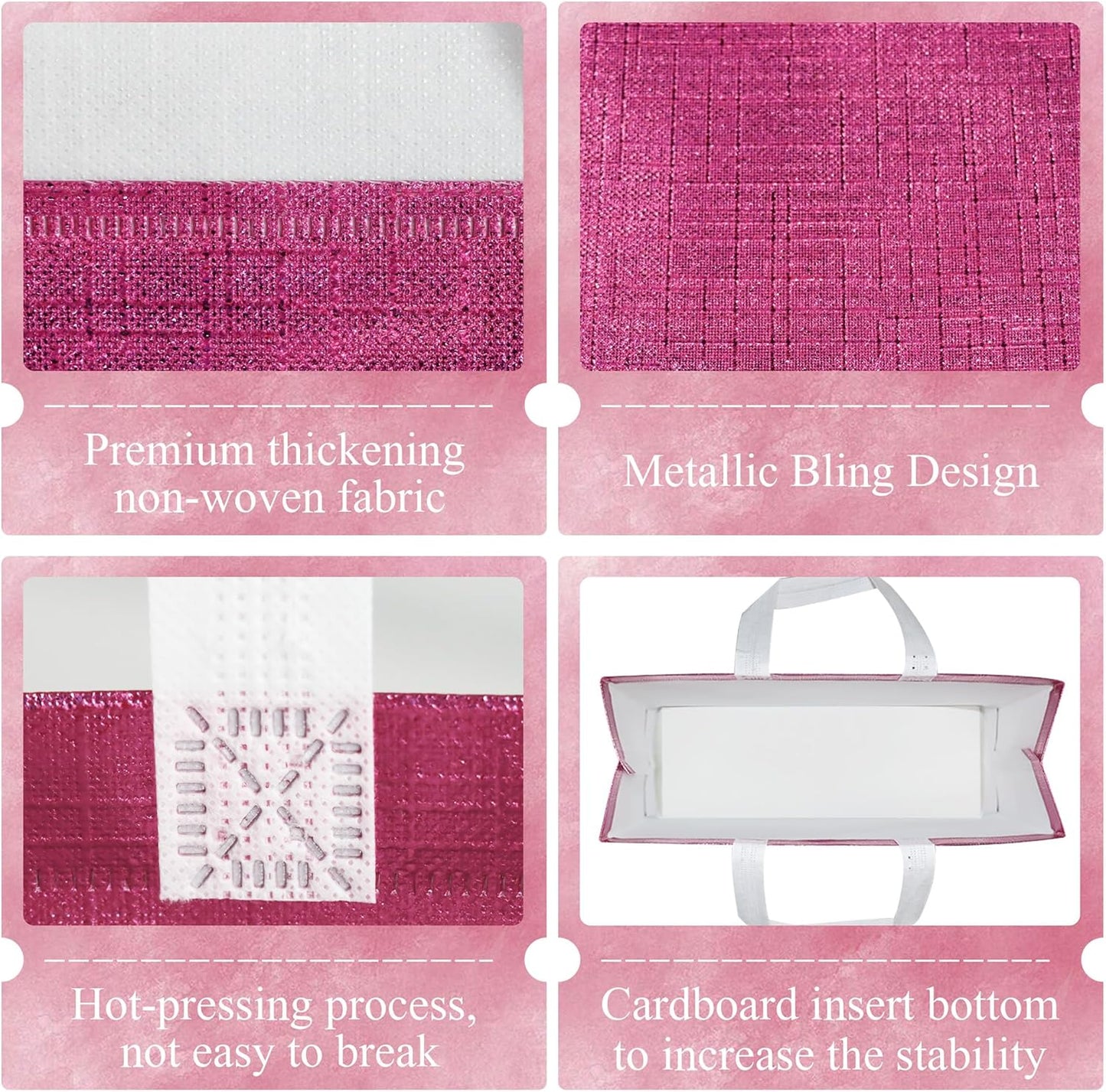 cabzymx Pink Reusable Gift Bags with Metallic Design, 25 Pcs Non-woven Gift Bag Bulk with Handles, Glossy Party Bags for Wrapping Gifts, Birthday, Wedding, Parties, Graduation-12.6x4.7x11 In