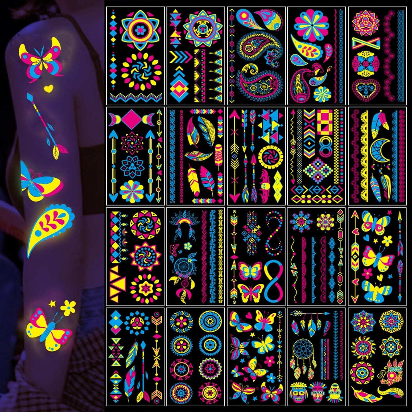 Glow in The Dark Tattoos 170 PCS Neon UV Black Light Reactive Temporary Tattoos Glow Party Supplies Decorations Stickers for Adult Teens Kids