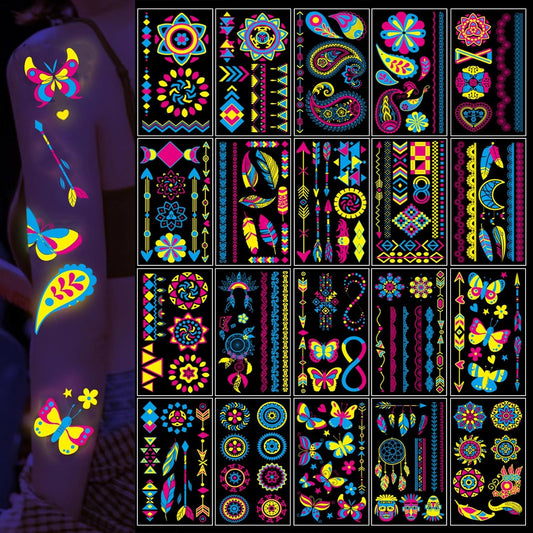 Glow in The Dark Tattoos 170 PCS Neon UV Black Light Reactive Temporary Tattoos Glow Party Supplies Decorations Stickers for Adult Teens Kids