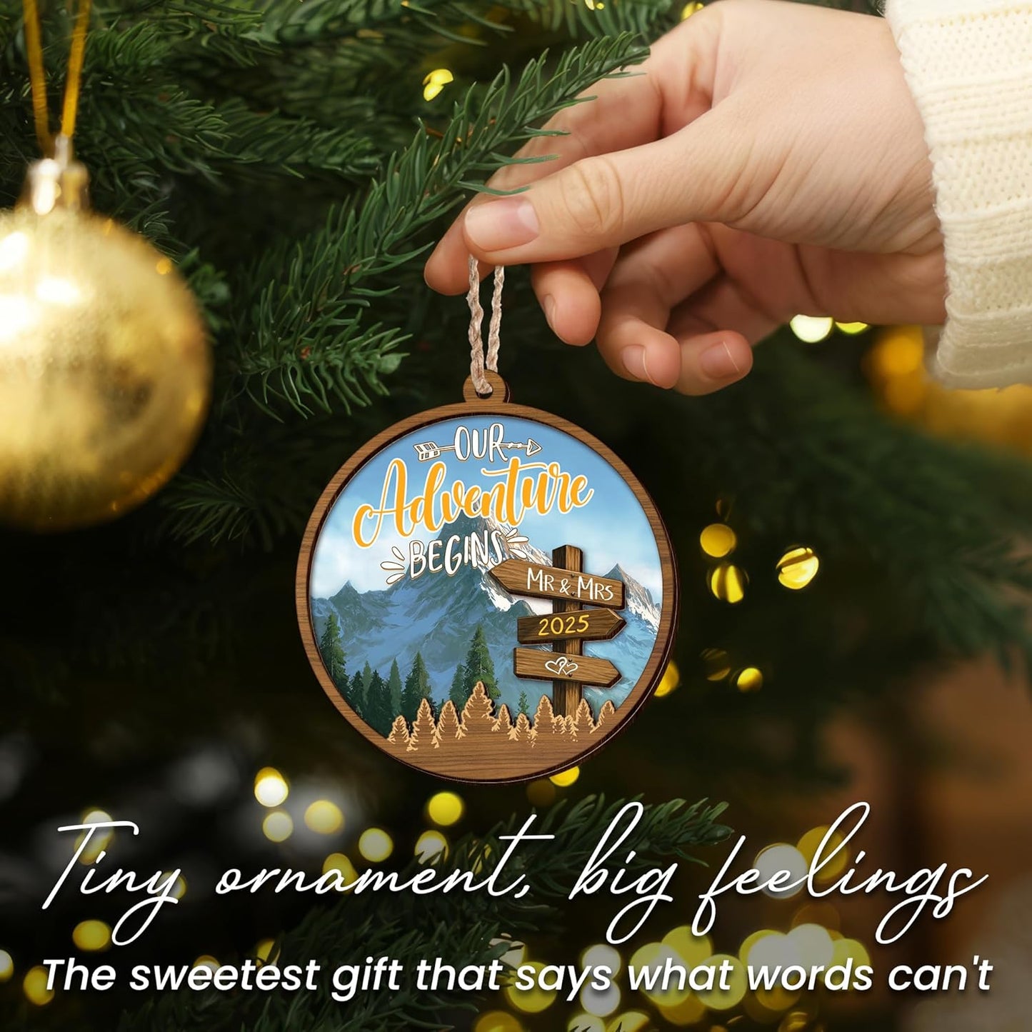 Christmas Wedding Gifts for Couples 2025 - Adventure Start Two Layer Wooden Christmas Ornaments for Tree Decorations - Bridal Shower Marriage Newly Wed Engagement Gifts for Couples Decorations