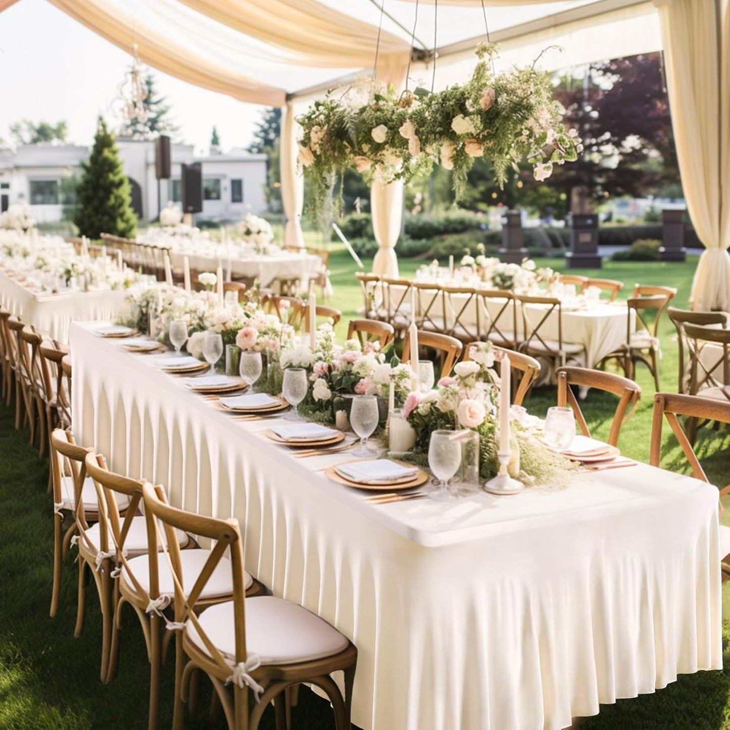 2 Packs Ivory Table Clothes for 4 Foot Rectangle Tables, One-Piece Wrinkle Resistant Stretch Spandex Table Covers with Skirt for Event Banquet Wedding Birthday Party