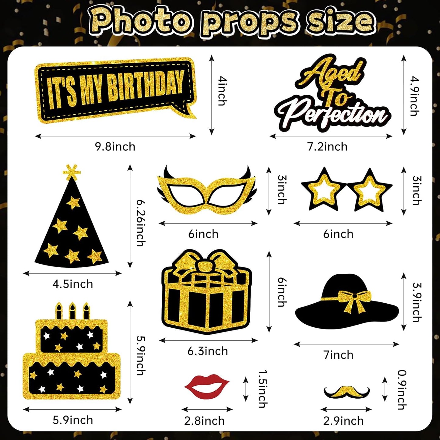 Birthday Party Decorations for Boys & Girls - Black & Gold Photo Booth Props & Selfie Frame Set