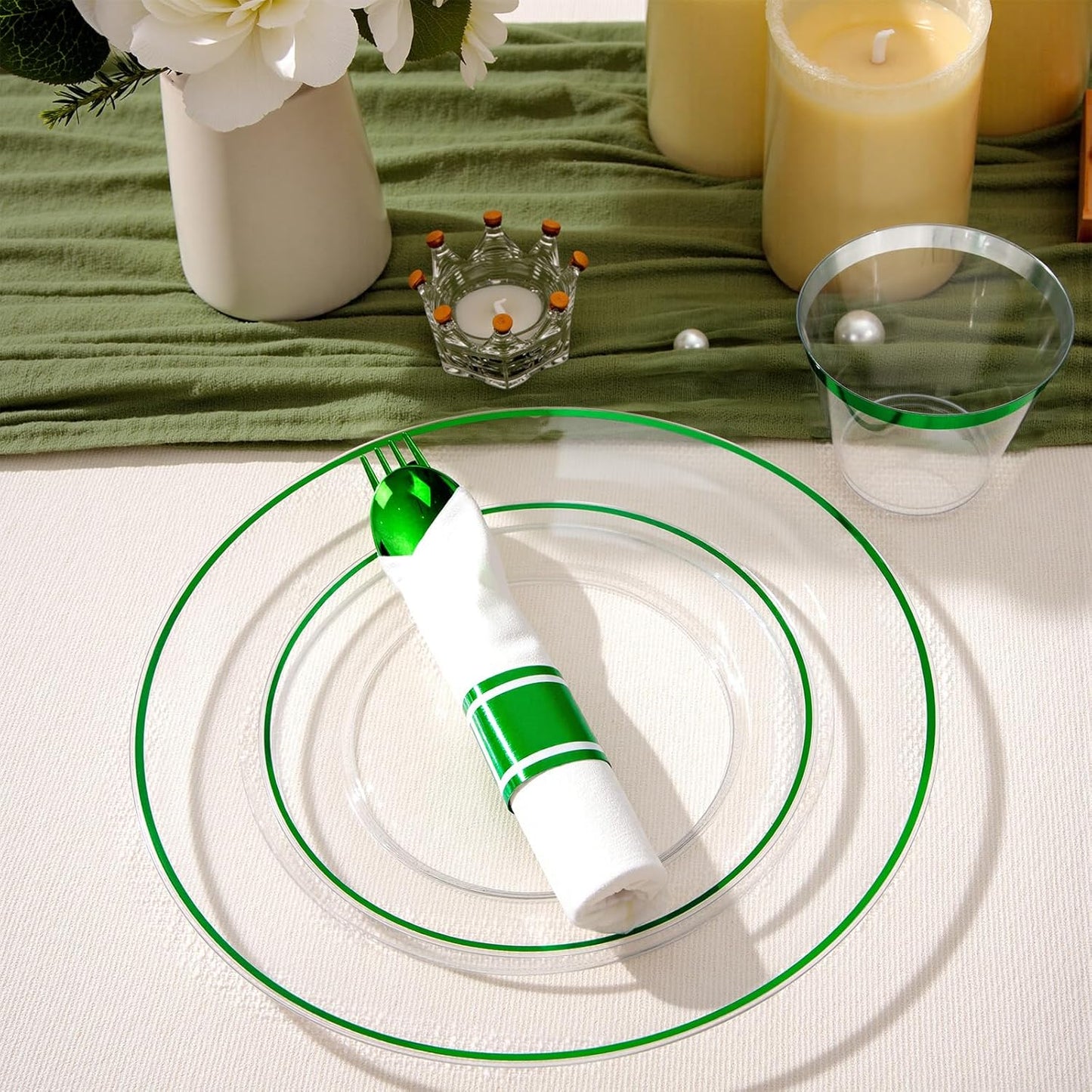 SUT 175 Pcs Green and Clear Plastic Dinnerware Set for 25 Guests, Include: 25 Dinner Plates, 25 Dessert Plates, 25 Pre Rolled Napkins With Silverware, 25 Cups, Disposable Plates for Party, Christmas
