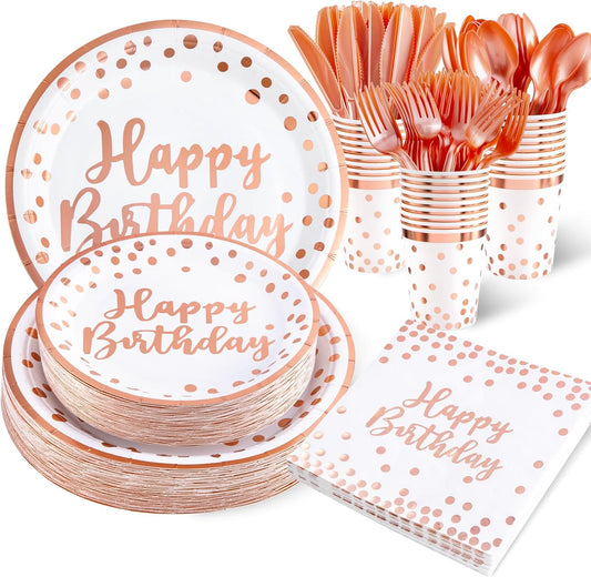 Supernal 350pcs Rose Gold Plates and Napkins Party Supplies,Happy Birthday Paper Plate,Rose Gold Plates and Napkins Set Include Cups,Forks,Knives,Spoon for Party Birthday Weding Decoration