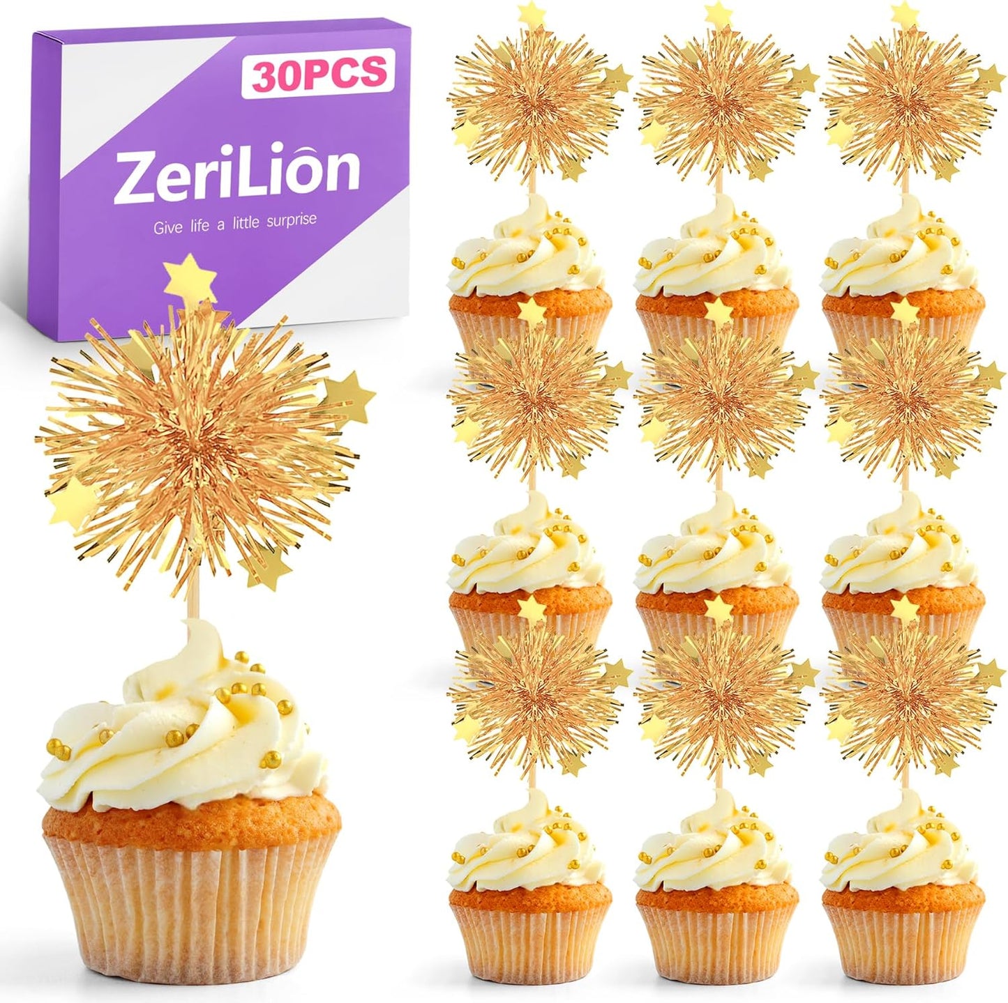 30 Pack Gold Firework Cake Toppers for Cupcakes and Desserts Sparkly Tinsel Cocktail Sticks for Celebration Anniversary Party Décor