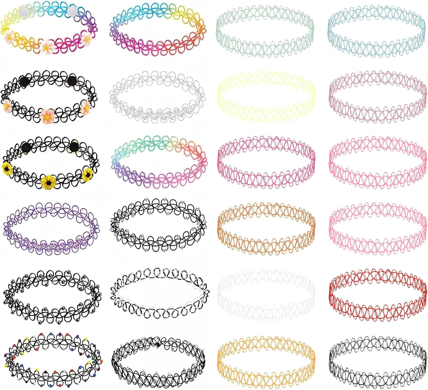 BodyJ4You 24PC Tattoo Choker Necklace - 90s Choker Necklaces Y2K Fashion Trendy Vintage - Daisy Flower Charm Colorful Rainbow Black Goth Pendant - Stretchy Elastic Necklace Summer Gift Set
