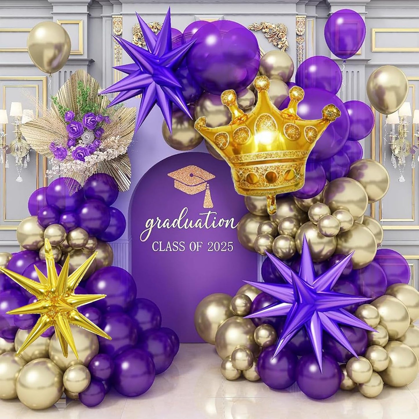 135 Pcs Graduation Balloons Arch Kit 2025 Congratulations Decorations, Purple Gold White Balloon Garland with Explosion Star Certificate Crown Foil Balloons for Class of 2025 Grad Prom Supplies Decor