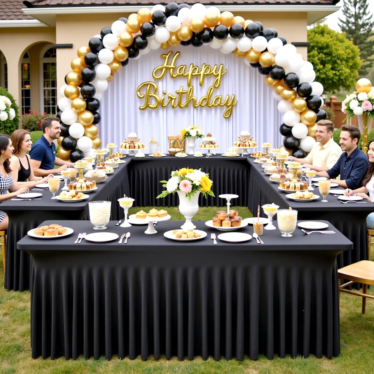 6 Pack Spandex Black Table Clothes for 6 Foot Rectangle Tables, Wrinkle Free Table Cloth Fitted Tablecover Stretchy Tablecloths with Skirt for Parties Wedding Banquet