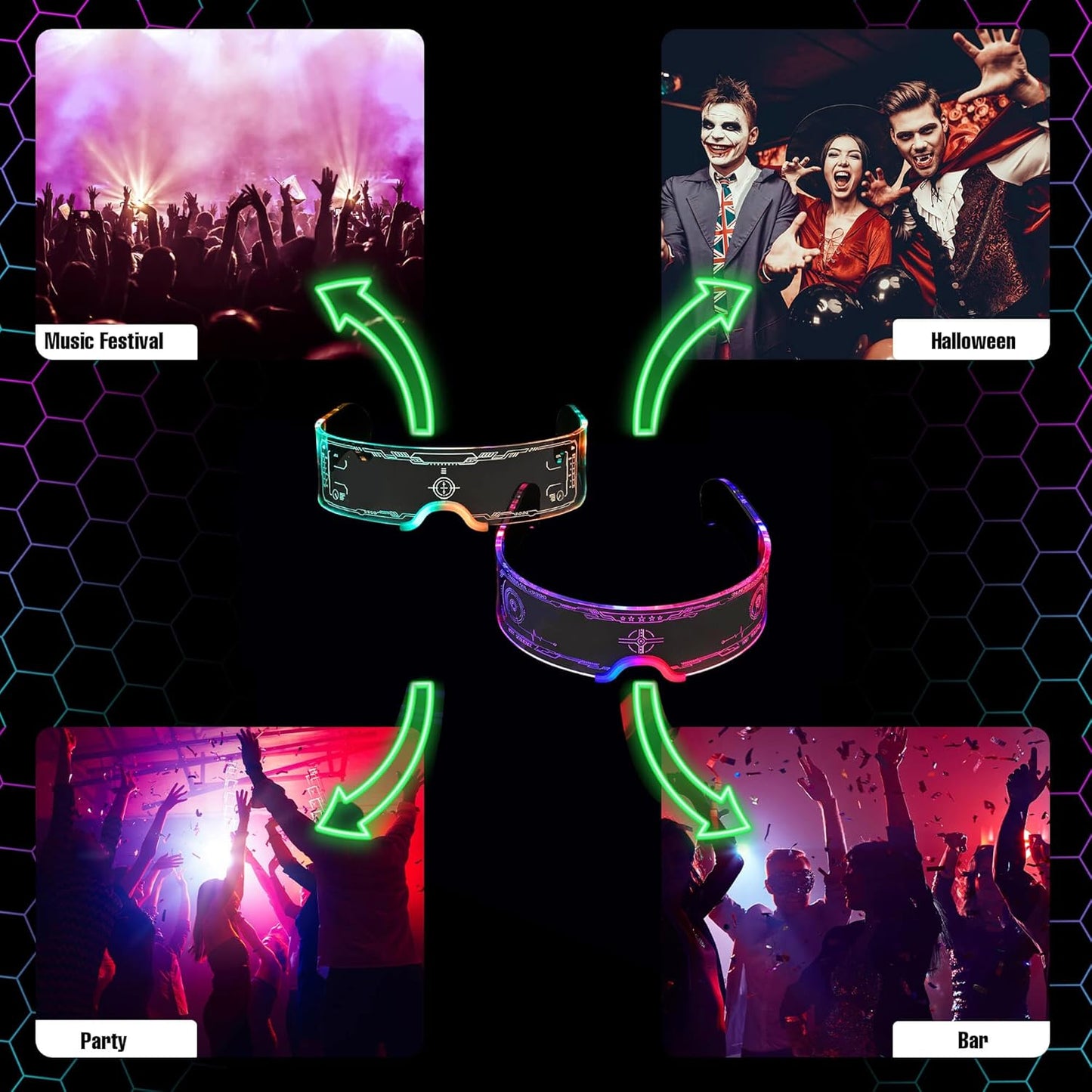 2 pack Light Up Glasses For Party LED Glass for Adult Kids MultiColor Futuristic Sunglasses Rave Accesories 7 Colors Neon Glasses,Gifts(Vivid Style)