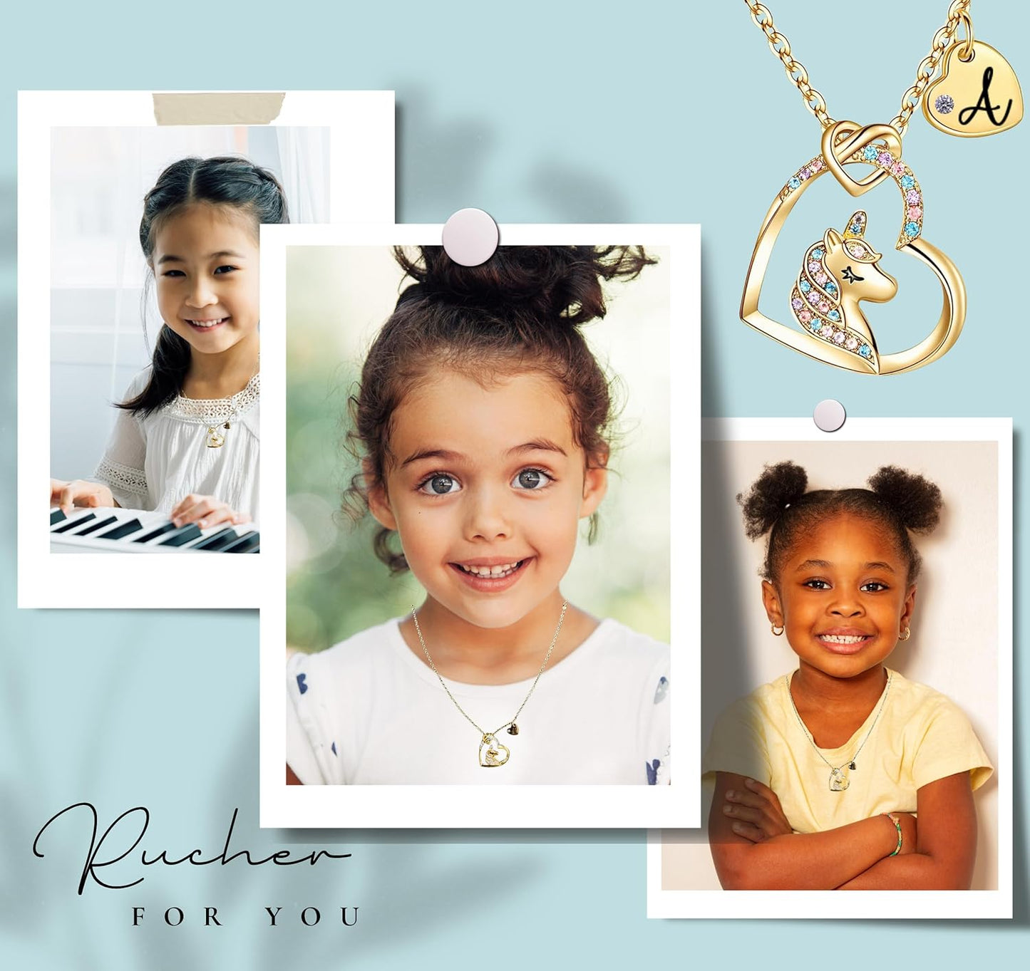 Unicorn Necklace for Girls Kids with Personalized Initial Heart Pendant, 18K Gold Fashion Jewelry for Girls, Colorful Heart Necklace for Birthday Gifts.