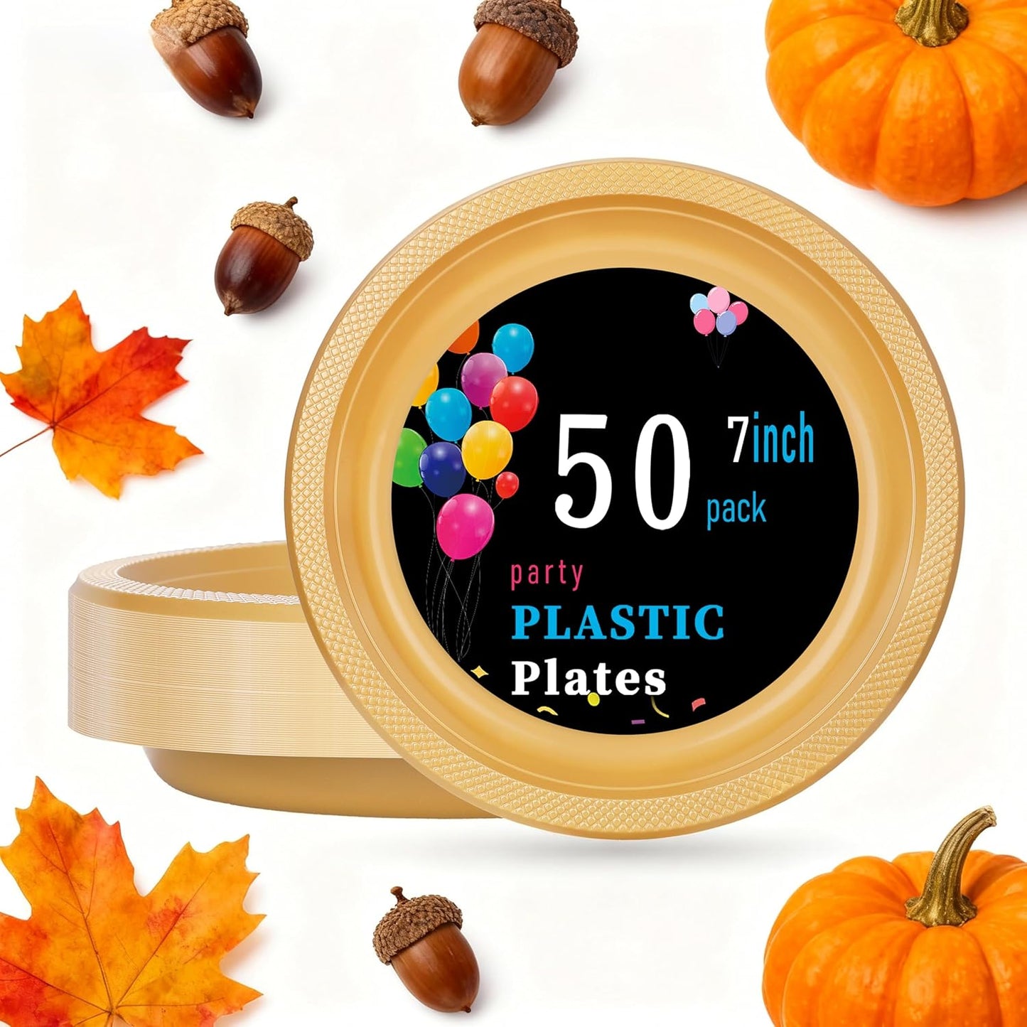 WELLIFE Gold Plastic Plates 7 Inch 50 Count Disposable Plate Thanksgiving Plates for Party, Dessert Small Plate for Dinner Cake Salad Supplies Birthday