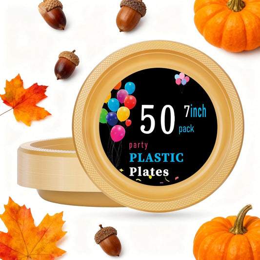 WELLIFE Gold Plastic Plates 7 Inch 50 Count Disposable Plate Thanksgiving Plates for Party, Dessert Small Plate for Dinner Cake Salad Supplies Birthday