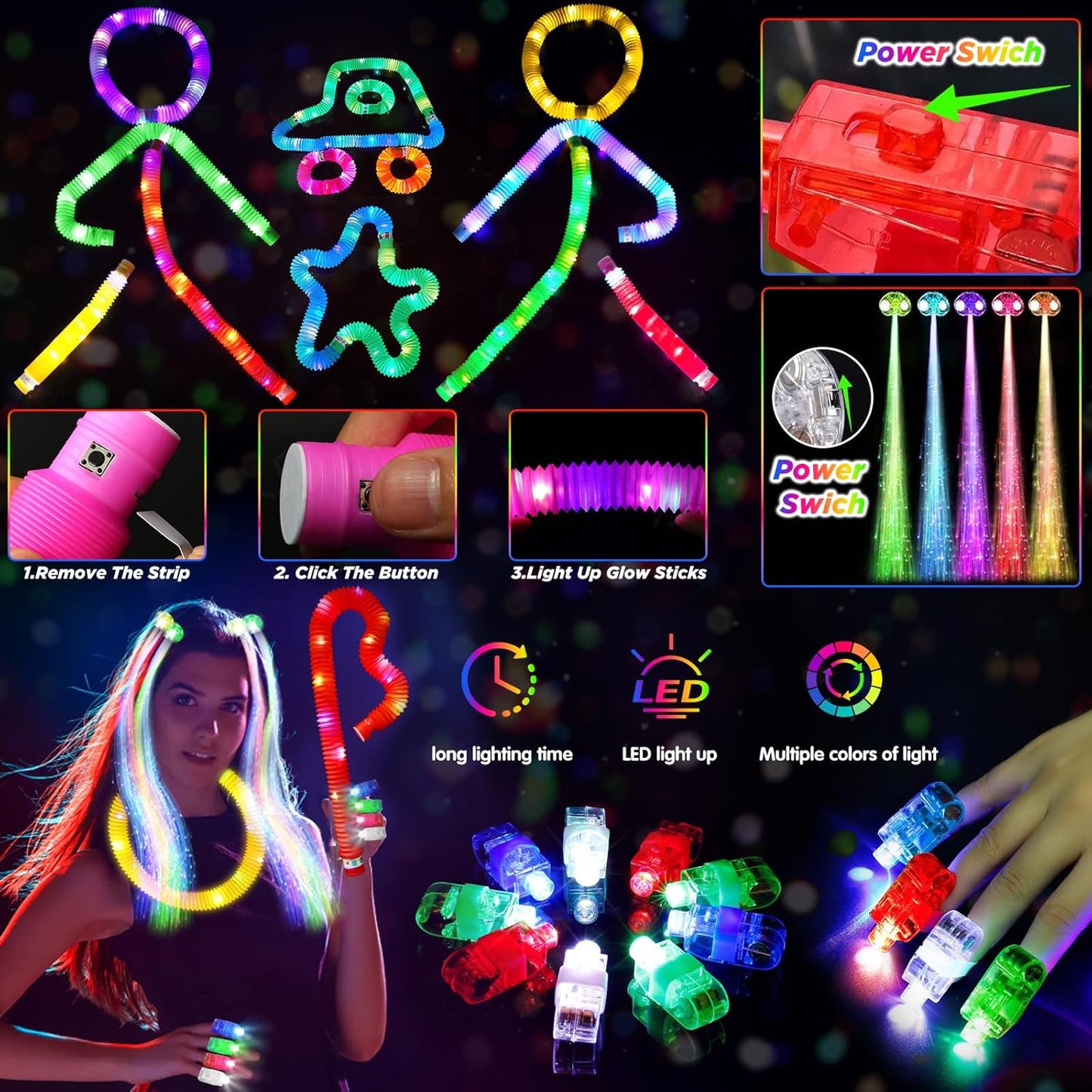 Party Supplies, Glow in the New Year's Dark Party Favors for Adults Kids, 27 Carnival Accessories, 56 LED Light Up Toys Bulk, 100 Glow Sticks Party Pack, Neon Party Supplies & Decorations