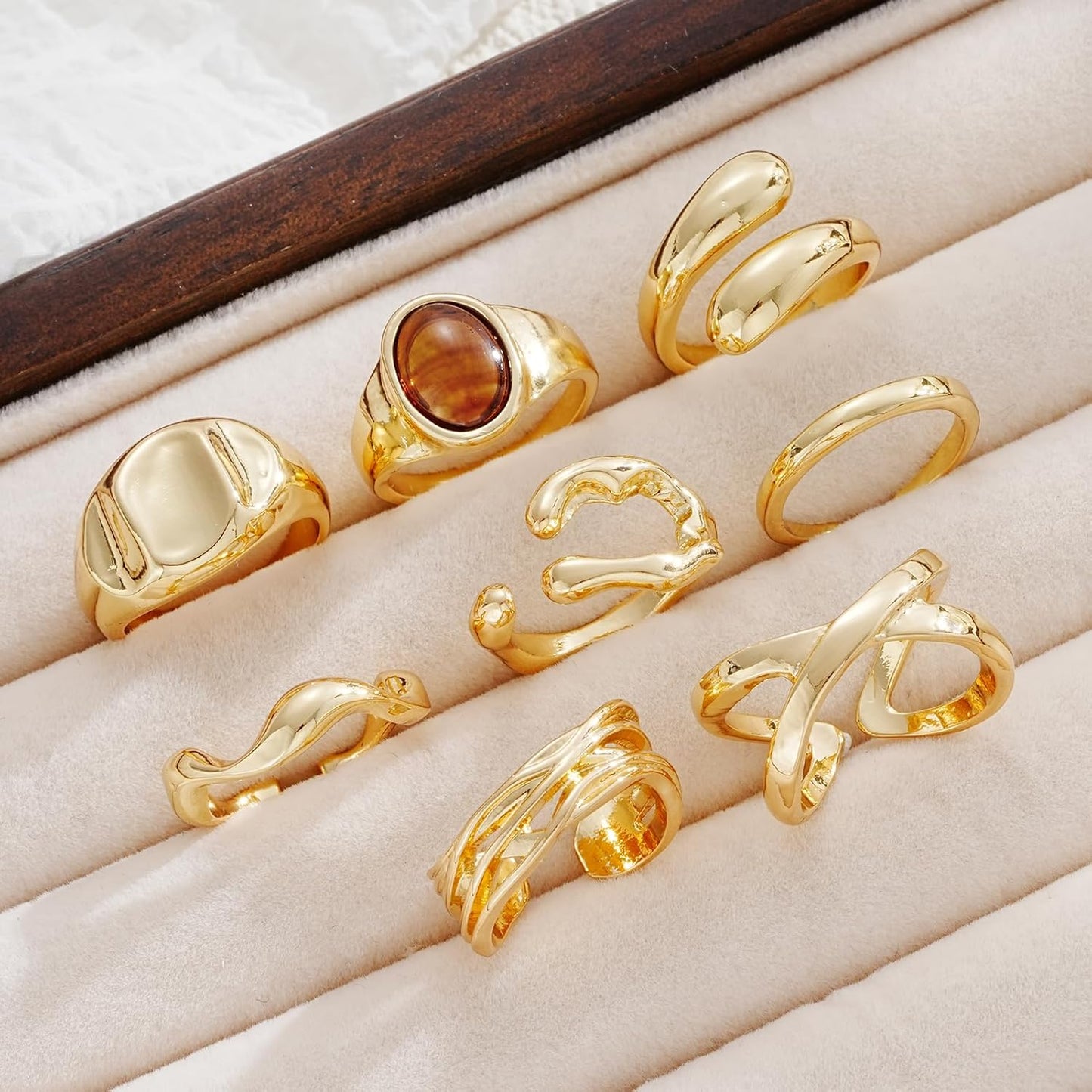 FAXHION 12PCS Gold Stackable Rings Set for Women, 18K Gold Plated Open Stacking Knuckle Ring, Adjustable Chunky Signet Band Statement Ring for Gift