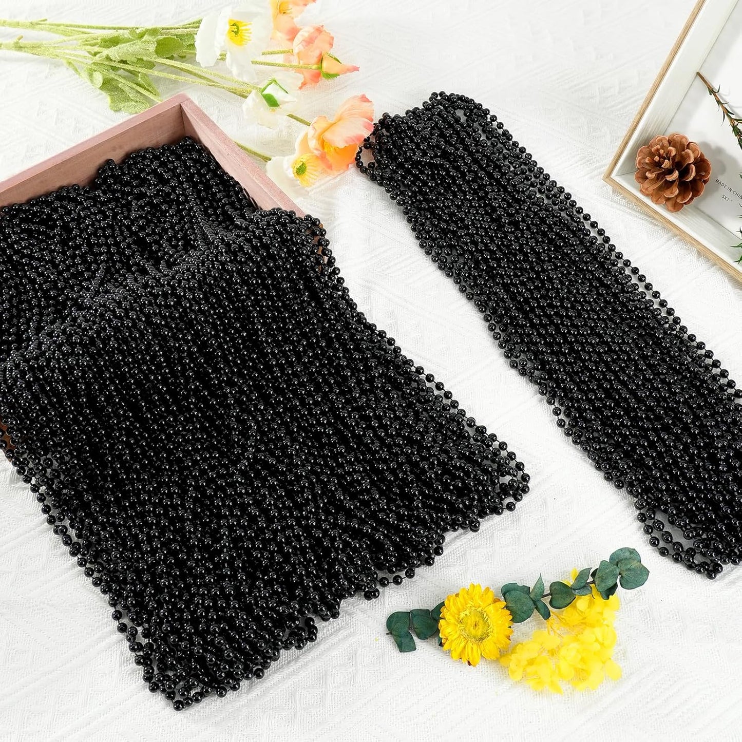50 PCS Black Bead Necklaces, Black Mardi Gras Beads, New Year Eve Necklaces, 33 Inch Round Halloween Beaded Necklace, Party Beads for Mardi Gras, Christmas, Halloween, New Year Party Favors