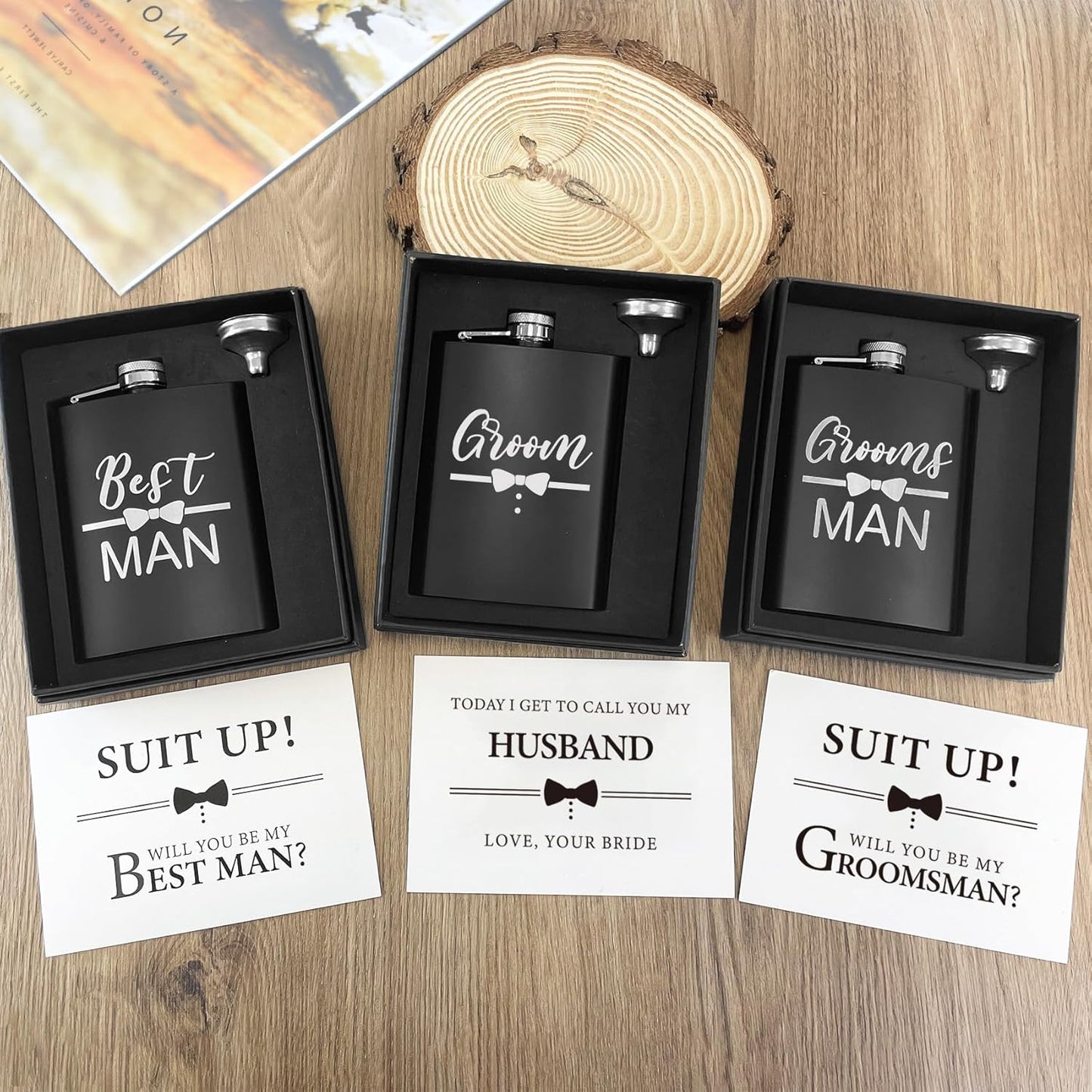 ELEGANTPARK Engraved Groomsman Gifts Set of 6 Groom Best Man Groomsman Flasks Wedding Gifts for Men Bachelor Party Favor Stainless Steel Hip Flask for Liquor with Funnel for Men 8 OZ Black
