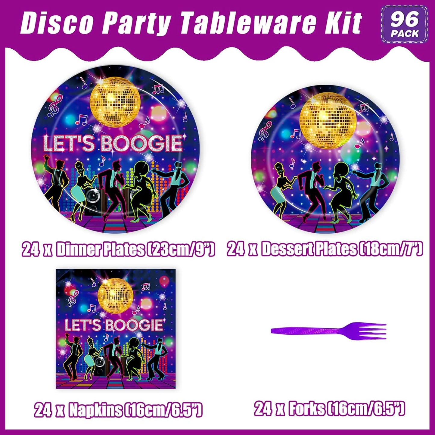 96 Pcs 70s Disco Party Plates and Napkins Supplies, The 70's Birthday Party Decorations 80s 90s Dance Disco Boogie Theme Party Tableware Kit, Serves 24