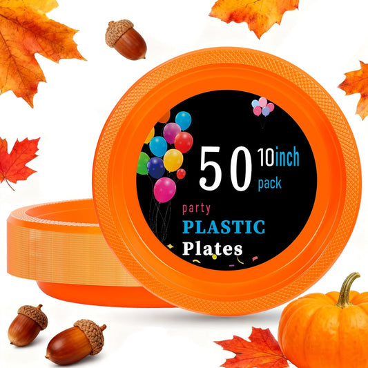 WELLIFE Orange Plastic Plates 10 Inch 50 Count Disposable Plate Thanksgiving Plates for Party, Large Big Plate for Dinner Party Supplies Thanksgiving Birthday Camping BBQ