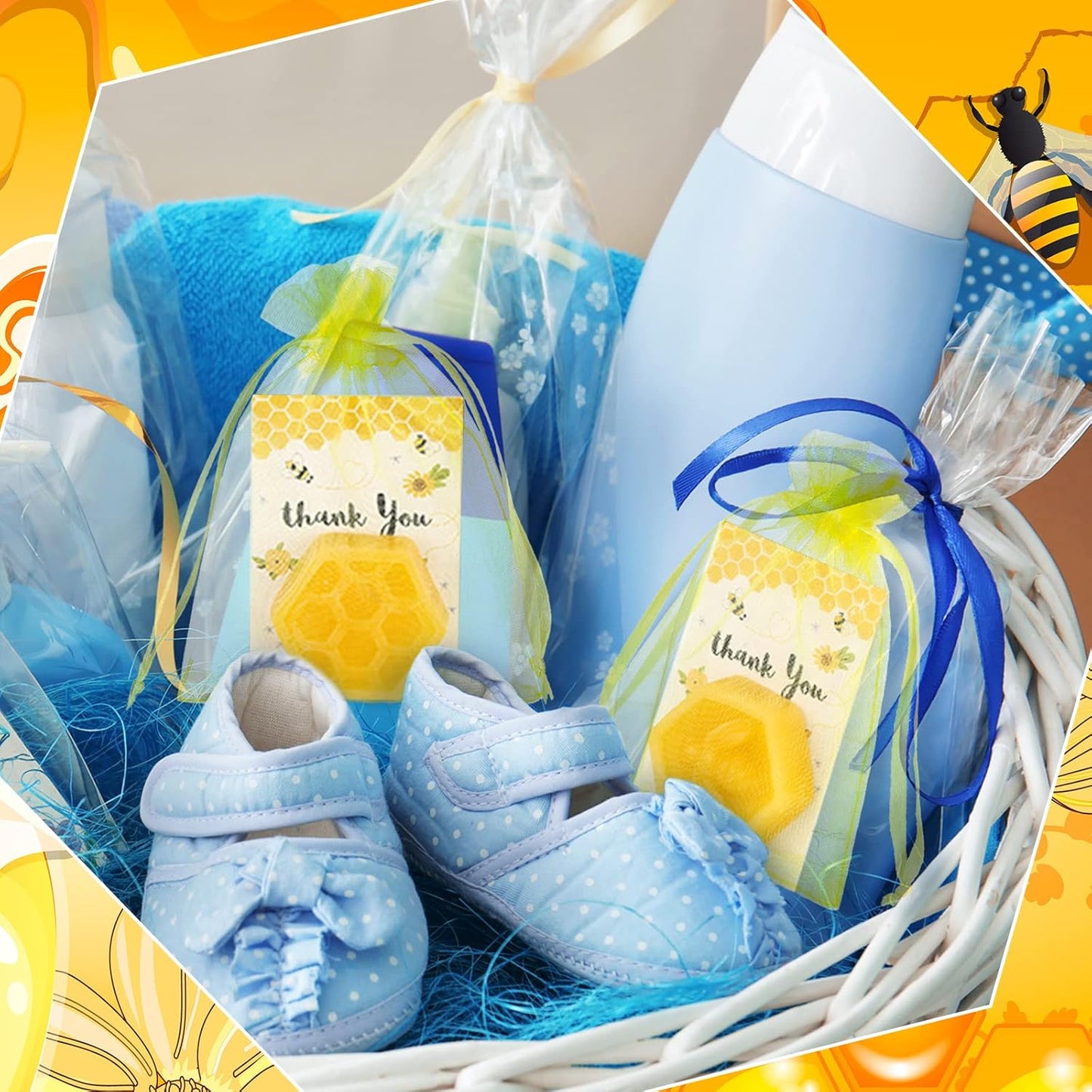 Lounsweer 48 Set Christmas Baby Shower Favors Honeycomb Soap Bar Gift Set for Guest Scented Soap with Card Bags for Gender Reveal Holiday Wedding Birthday Honey Keepsakes Decorations(Bee Honeycomb)