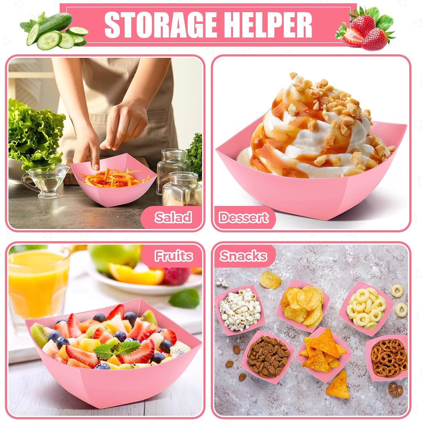 Tanlade 50 Pcs Square Plastic Serving Bowls Disposable Snack Salad Bowl Small Party Candy Bar Containers Taco Bar Serving Dishes for Buffet Chips Fruit (8 oz,Pink)