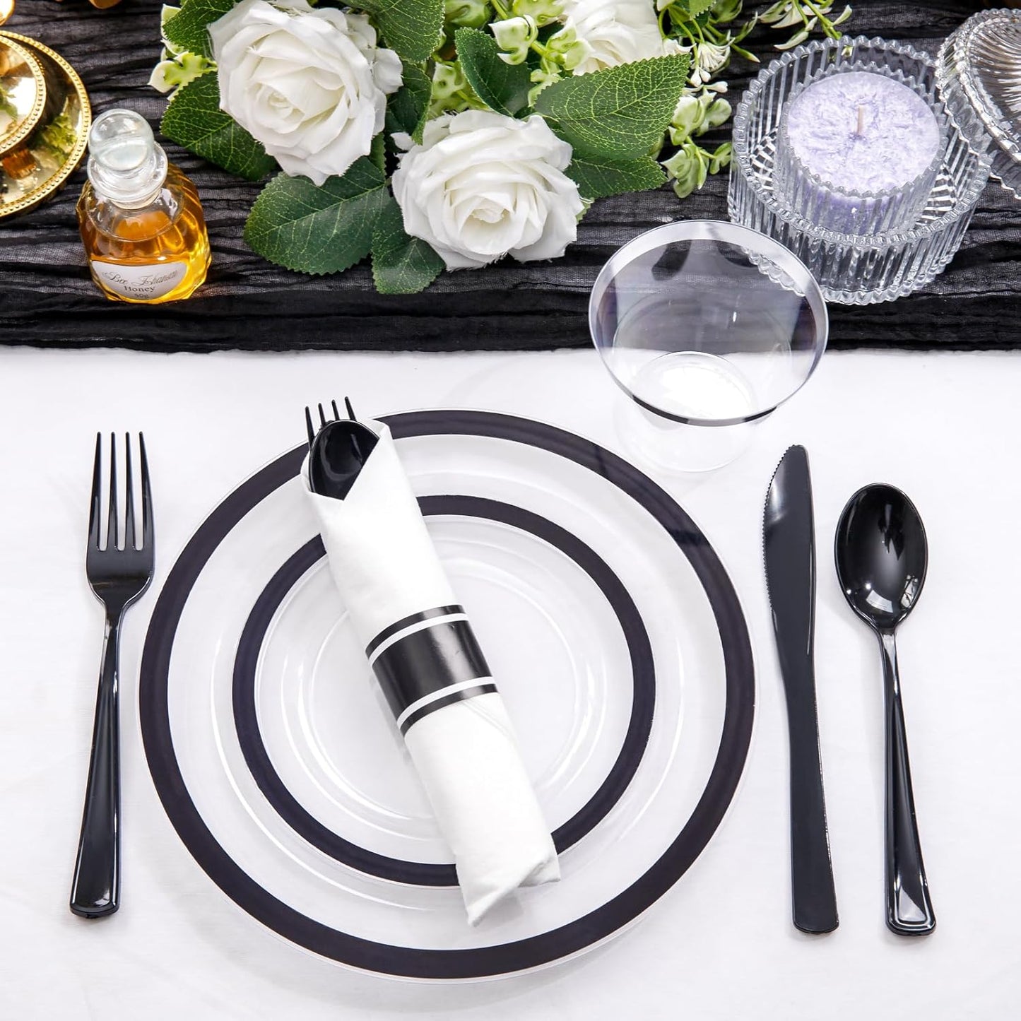 Liacere 350PCS - Clear Plates with Black Rim for 50Guests Dinnerware Include 100 Clear Plates disposable 150 Black Silverware 50 Napkins for Party&New Year