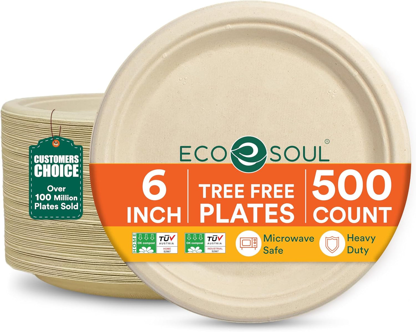 ECO SOUL Compostable Paper Plates 6 Inch (500 Count) Heavy Duty Disposable Dessert Plates, Eco-Friendly Sugarcane Bagasse Small Plates For Appetizer- Natural Brown