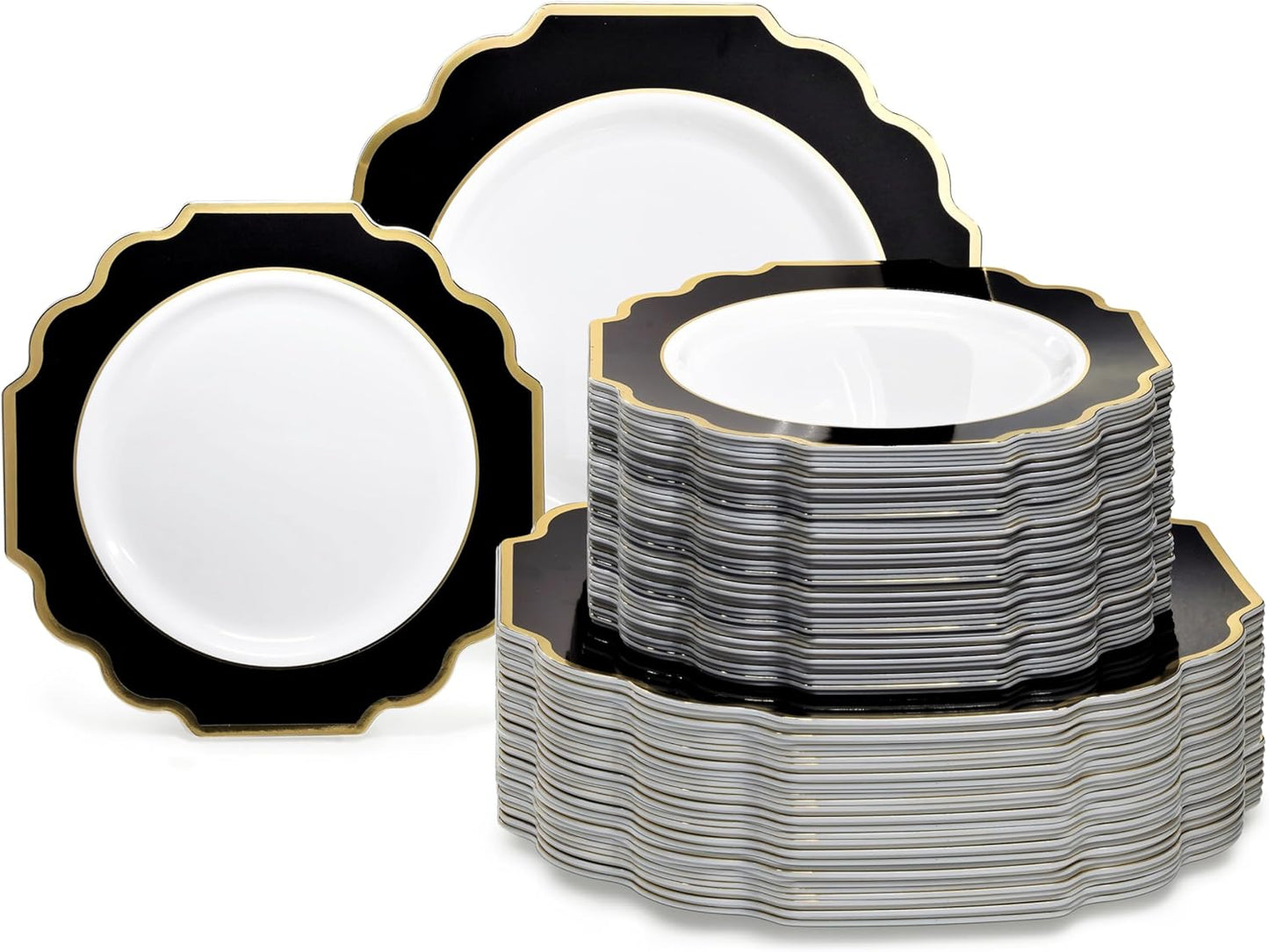 " OCCASIONS " 120 Plates Pack,(60 Guests) Heavyweight Premium Wedding Party Disposable Plastic Plates Set -60 x 10.5'' Dinner + 60 x 8'' Salad/Dessert (Imperial in Black & Gold)