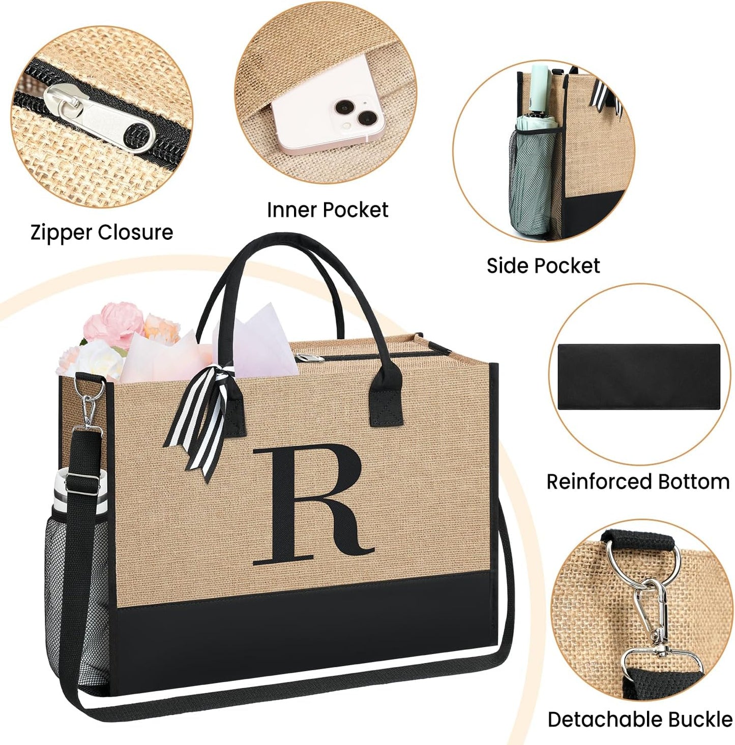 BAGAIL Initial Tote Bag, Personalized Birthday Gifts for Women, Teacher, Friends, Mom, Wedding, Monogrammed Beach Bag