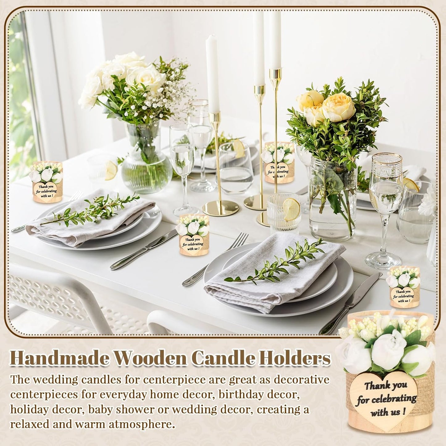 24 pcs Handmade White Rose Wood Tealight Candle Holder,Bridal Shower Tealight Holder Thank You Gifts, Wedding Favors for Guests, Wooden Cylinder Candle Holders for Table Centerpiece