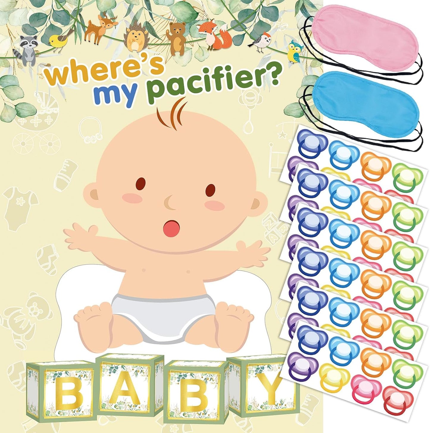 Pin The Pacifier on The Baby Game with 48 PCS Pacifier Stickers for Kids Girls Birthday 21'' x 28'' (Baby Shower)