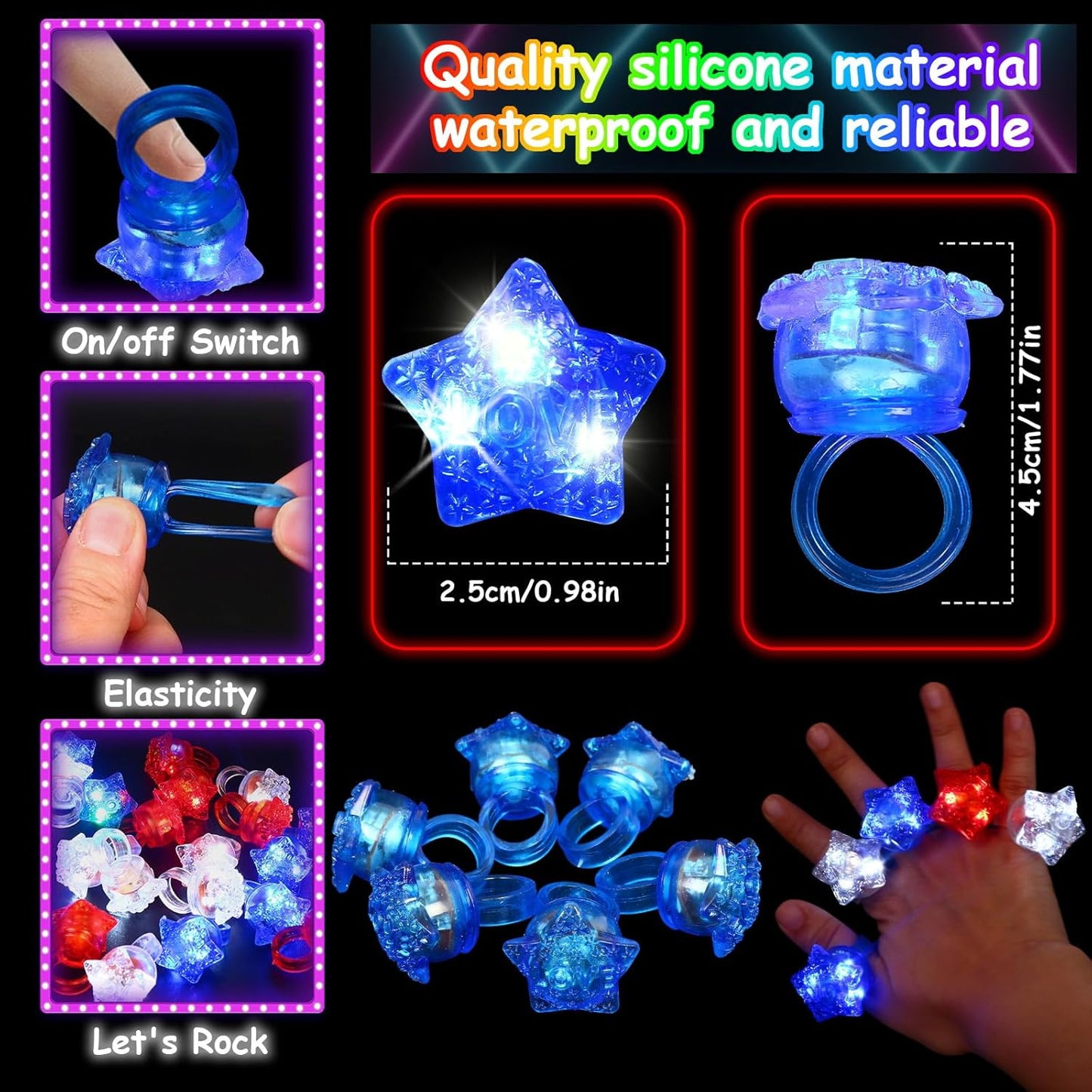 24 Pack Light Up Star Rings Glow in the Dark Party Flashing LED Jelly Finger Rings for July 4th,Halloween,Christmas,Concert,Goodie Bag Fillers,Raves