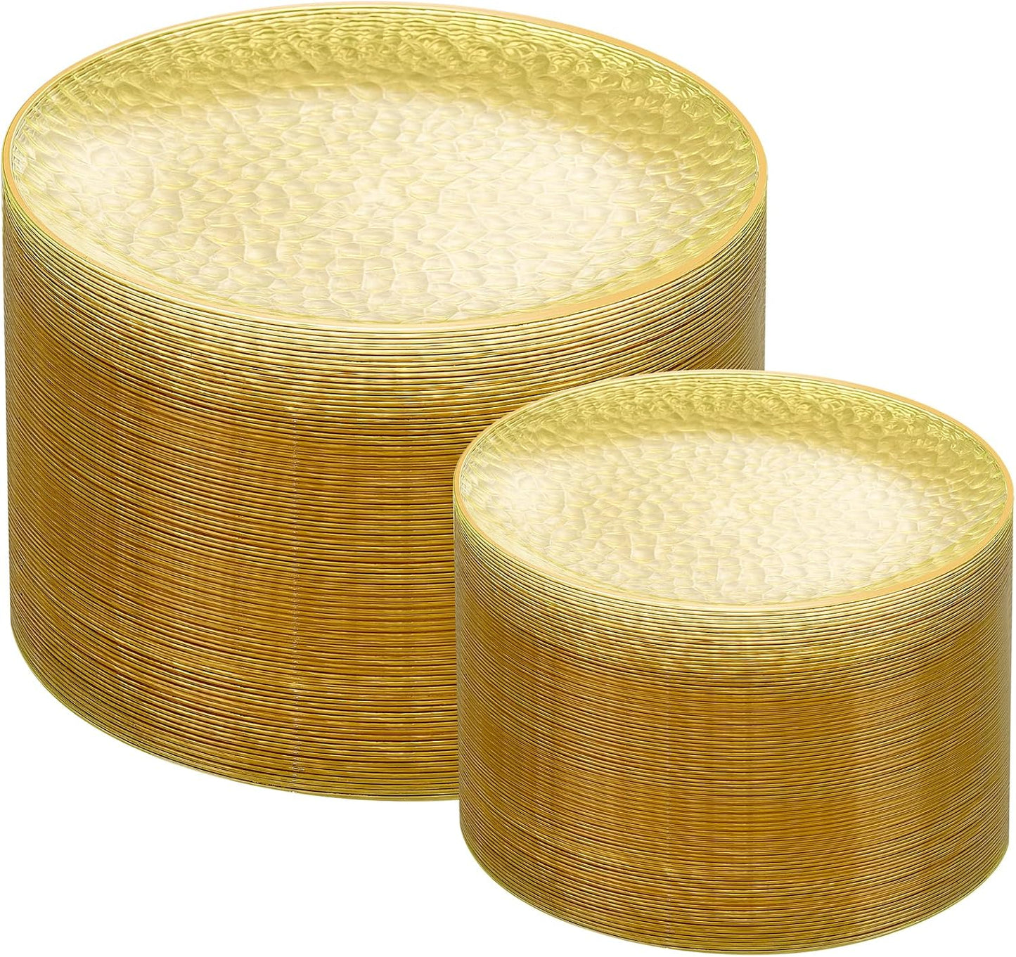 Rubtlamp 100Pcs Yellow Gold Plastic Plates, Yellow Disposable Plates With Gold Rim, Clear Heavy-duty Party Supplies, Hammered Plastic Plates Include 50 Dessert Platos, 50 Dinner Platos for Party