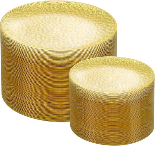 Rubtlamp 100Pcs Yellow Gold Plastic Plates, Yellow Disposable Plates With Gold Rim, Clear Heavy-duty Party Supplies, Hammered Plastic Plates Include 50 Dessert Platos, 50 Dinner Platos for Party