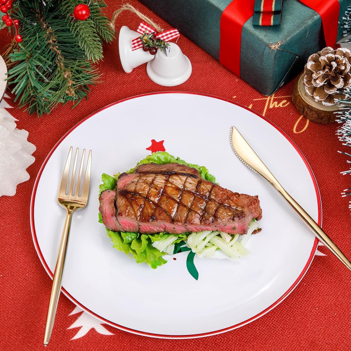 LIYH 60 Pcs Christmas Plates Disposable Heavy Duty, White Plastic Christmas Plates with Red Rim, Tableware Dishes, Xmas Party Decorations Holiday Party Supplies Serve for 30 Guests