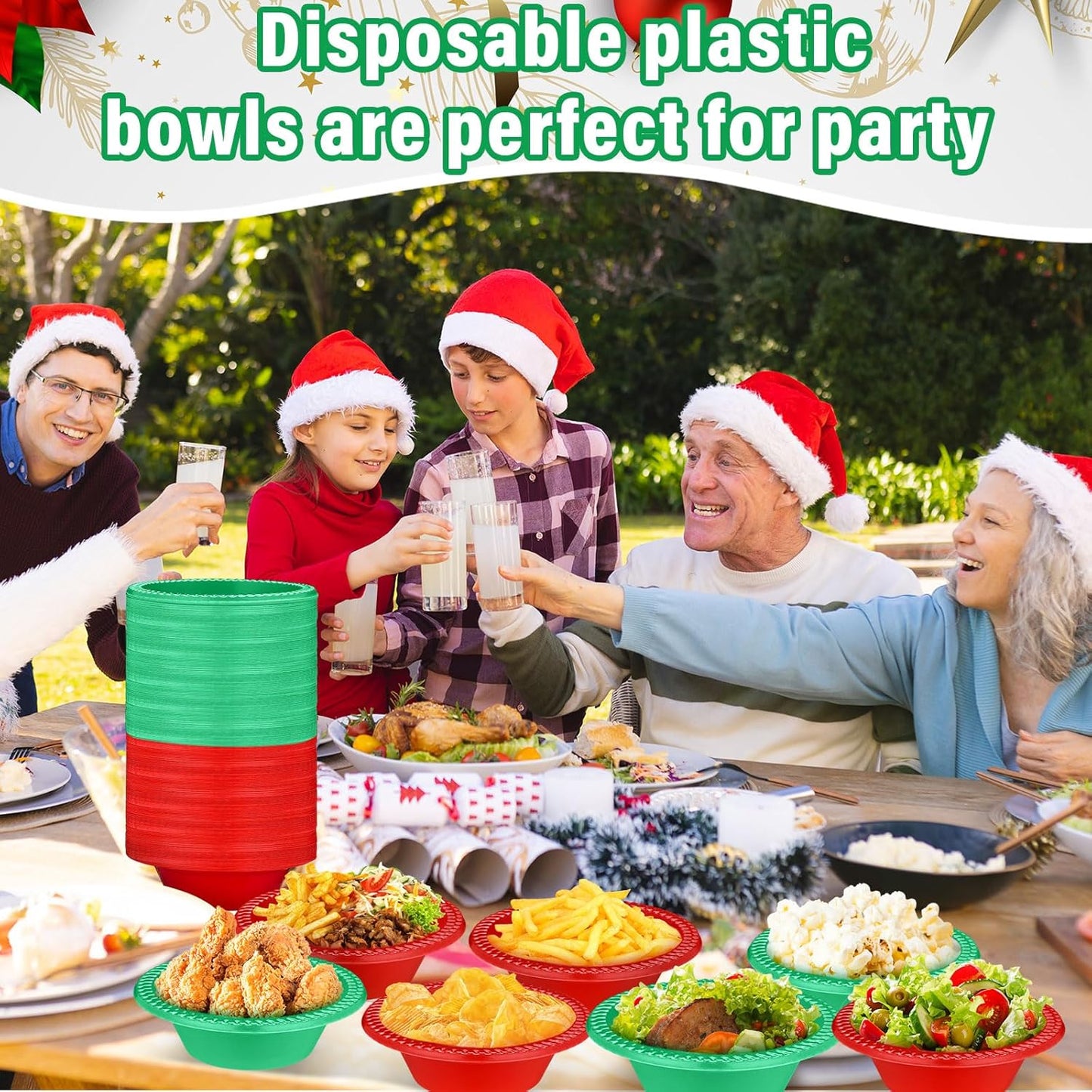 Layhit 100 Pcs Christmas Plastic Bowls 12 oz Disposable Salad Red Green Plastic Serving Xmas Party Supplies Candy Snack Bowls for Christmas Holiday Party Picnic