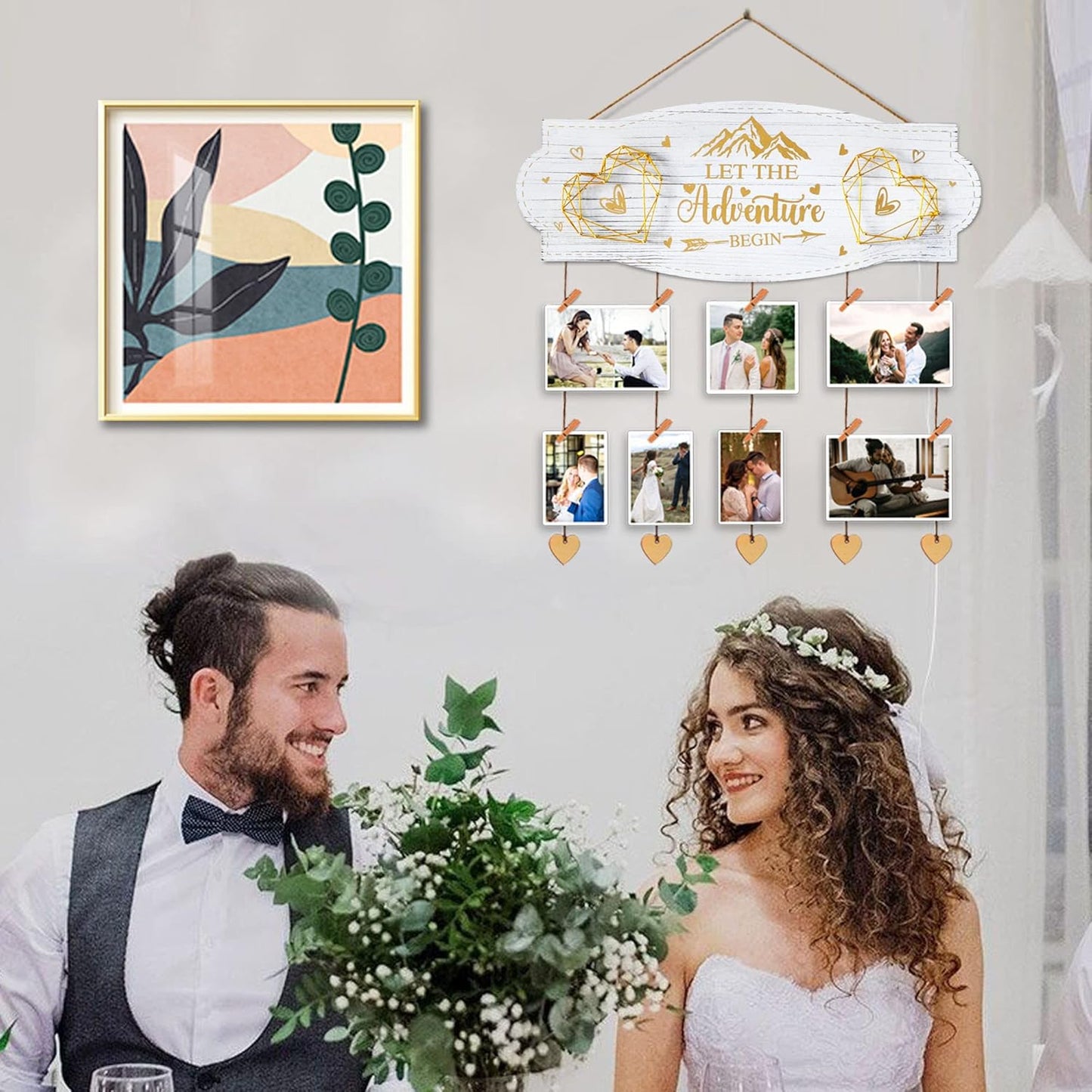 Yudarte Wedding Engagement Gifts for Women Bride to Be - Romantic Wall Picture Display Board with Clothespins and Twine for Newly Engaged Couples - Let the Adventure Begin