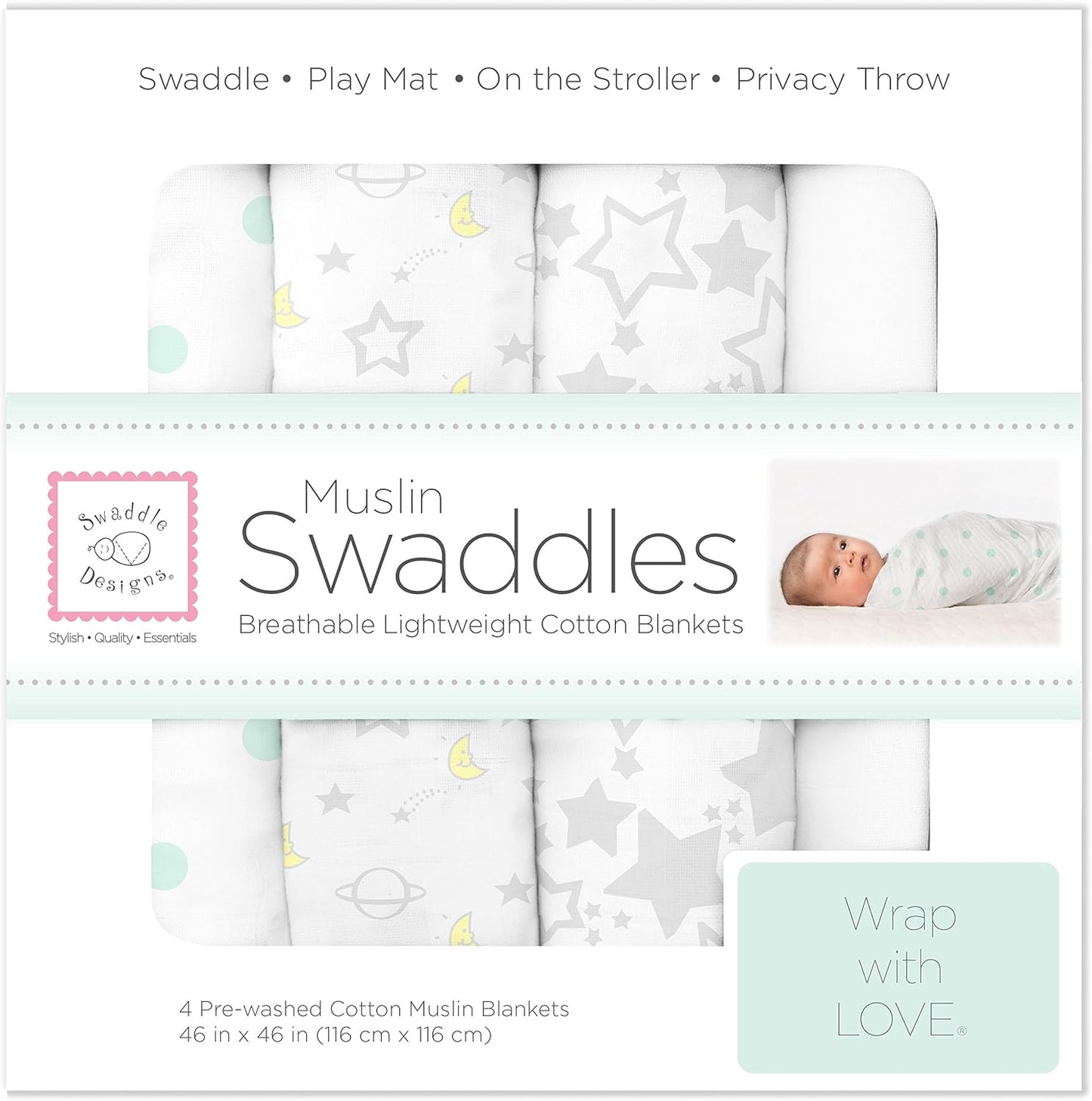 SwaddleDesigns Cotton Muslin Swaddle Blankets, Set of 4, Receiving Blankets for Baby Boys & Girls, Best Shower Gift, 46x46 inches, Goodnight Starshine