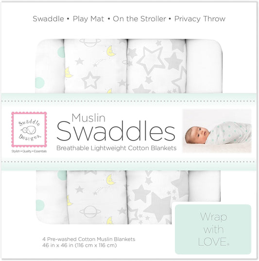 SwaddleDesigns Cotton Muslin Swaddle Blankets, Set of 4, Receiving Blankets for Baby Boys & Girls, Best Shower Gift, 46x46 inches, Goodnight Starshine