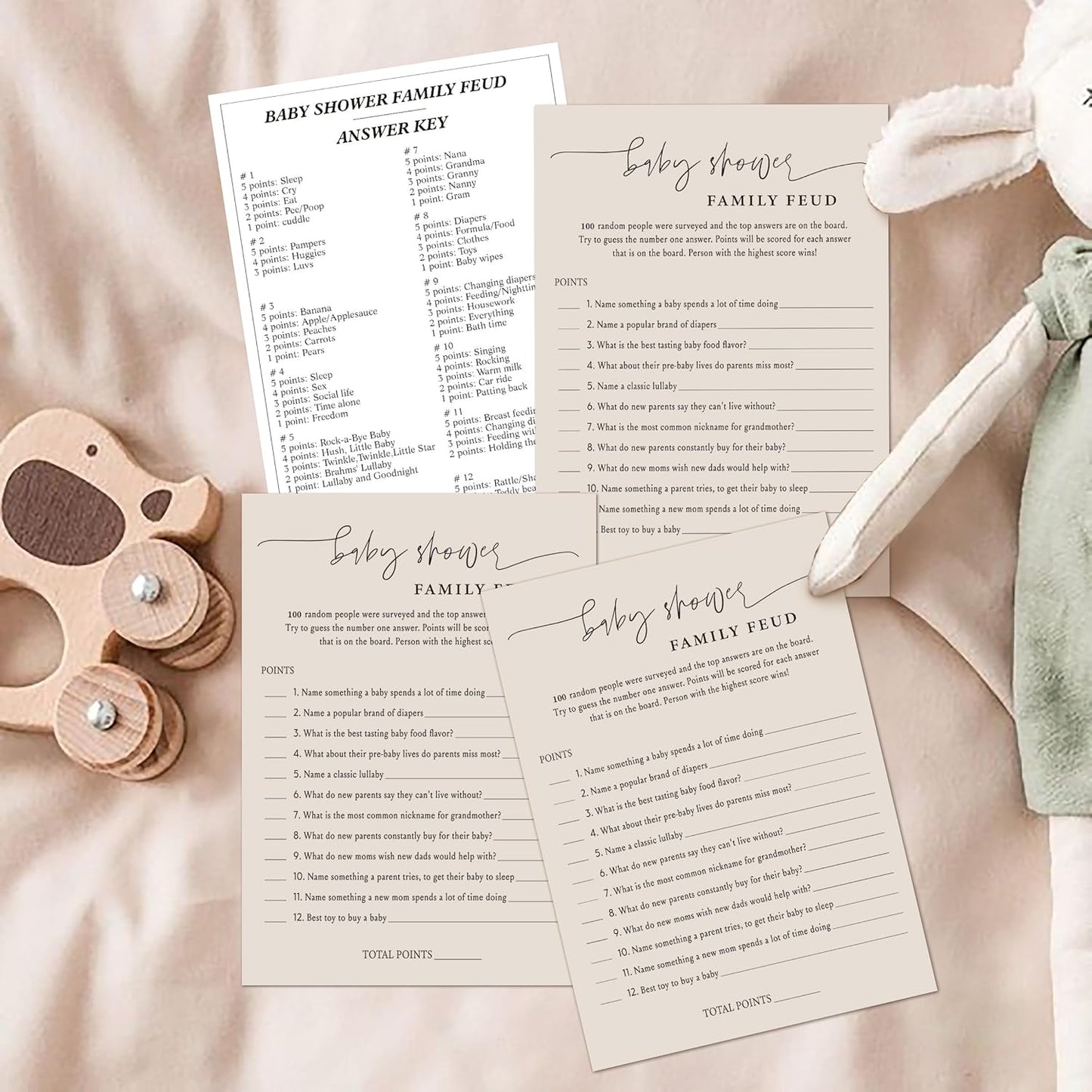 Baby Shower Family Feud Game - Pack of 30 Game Cards 1 Answer Key, Baby Shower Game for Boy & Girl, Gender Neutral Baby Shower Decorations, Baby Feud Game Supplies-06B-Light Brown