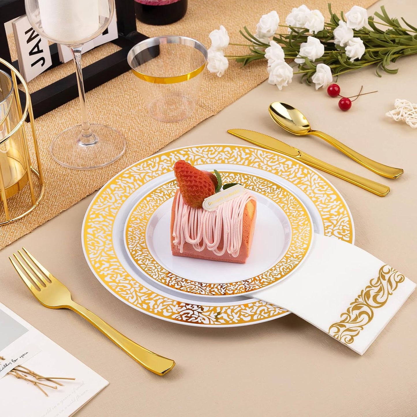 350PCS Gold Plastic Dinnerware Set for 50 Guests, Disposable Plates for Party, Wedding and Dinner, Include 50 Dinner Plates, 50 Dessert Plates, 50 Set Silverware, 50 Cups, 50 Napkins