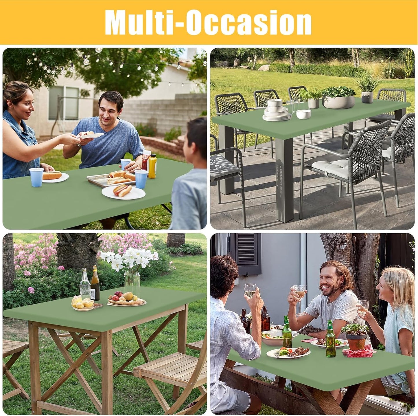 Rectangle Table Cloth, Waterproof Elastic Fitted Tablecloth for 8 Foot Folding Tables, Washable Polyester Tablecloths for Picnic, Camping, Outdoor (Green, 30"x96")