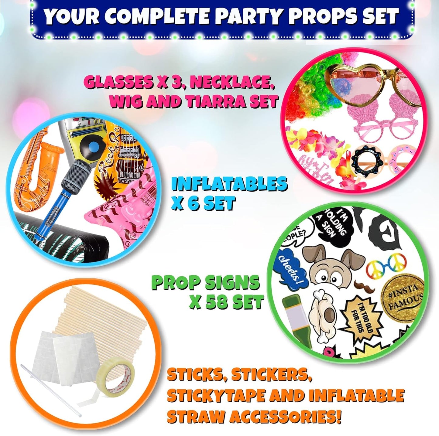 SOUL SHIFT 70 Pc Large Premium Photo Booth Props Set for All Occasions - Wedding Props, Birthday Props, Graduation Prop, Inflatables, Large Glasses, Multi-Colored Wig, Hawaiian Lei, Hand Pump